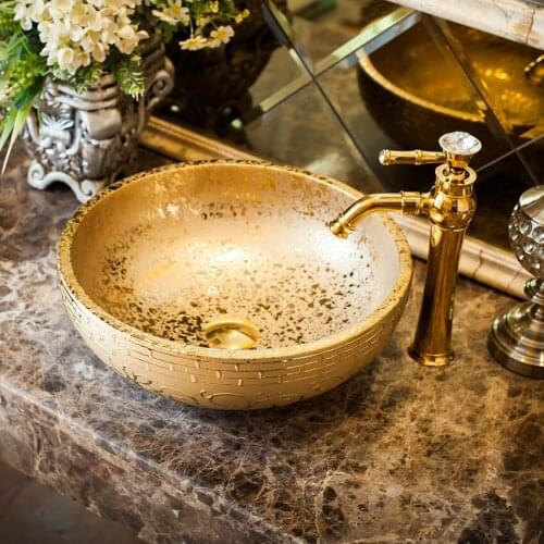 China Vintage Style Countertop Basin Sink Handmade Ceramic wash basin gold Bathroom Sinks ceramic bowls sink