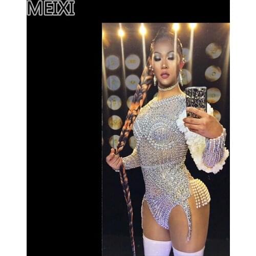 Stars in the same white rhinestone pearl flower sleeve jumpsuit party nightclub bar concert DJ singer/dancer costume