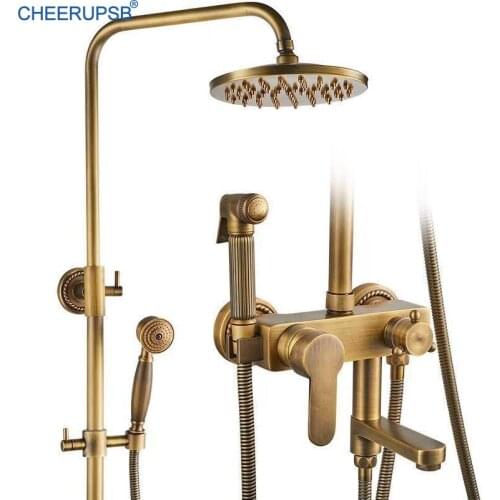 Bathroom Brass Shower Set Vintage Round Top Sprayer System Full Gold Shower Kit Brushend Euro Luxury Lifting Bath Mixer Systems