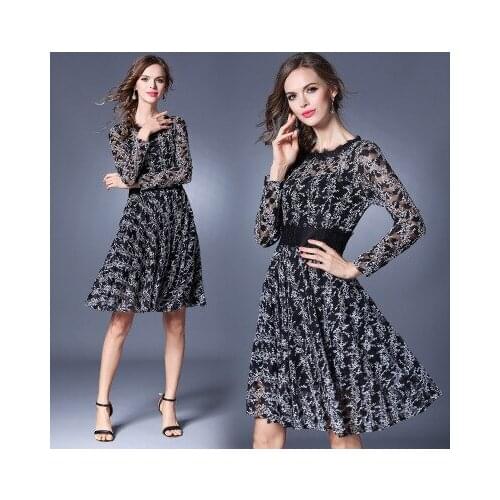 Summer Dresses 2017 New Fashion Women European Lace Solid A-line dress Full Sleeve Knee-Lenghth Lace For Woman free ship