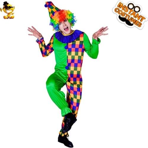 Mens Green Clown Jumpsuit Performance Funny with Colorful Clown Outfits Costume for Adult Man Clown Outfits