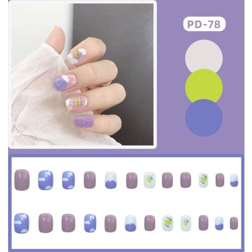 24pcs Small Fresh Purple Rainbow False Nails Round Head Glue Type Removable Short Paragraph Fashion Manicure DIY Nail Art
