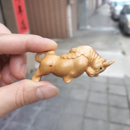 Wood carving bull, Feng Shui lucky wood crafts gifts Home desktop decoration office ornaments (A1162)