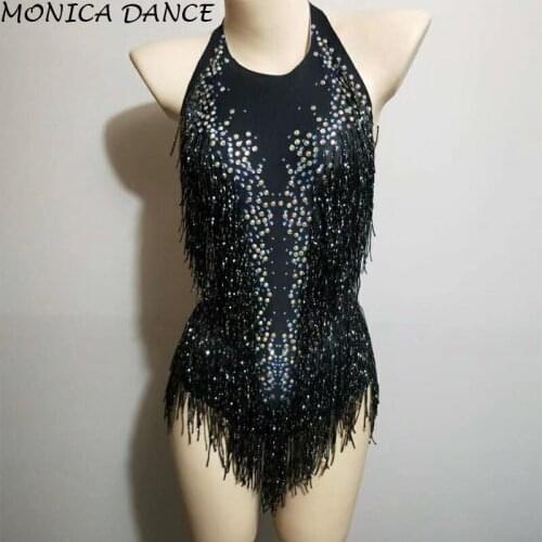Sexy Purple Red Black Rhinestones Tassel Bodysuit Dance Show One-piece Sexy Womens Performance Leotard Female Singer Costumes
