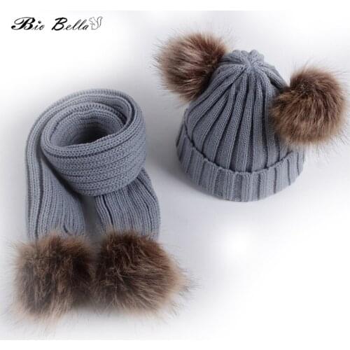Newborn Baby Hat Scarf Set Warm Winter Caps Infant Pompon Hats Scarves Suits Boy Girl Double Fur Ball Caps Knitted Hats Beanies