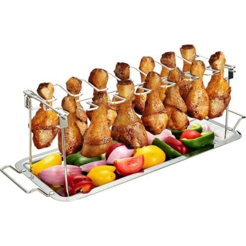 Stainless Steel Folded Barbecue Rack Tray 14 Card Slot Barbecue Grill Grilled Chicken Leg Rack With Bottom Tray BBQ Grill Tray
