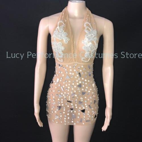 Brand new silver shining crystal open back dress womens sexy mesh stage skirt gogo womens performance skirt