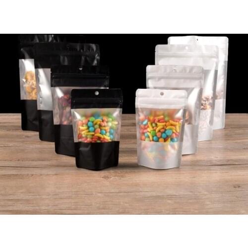 100pcs Ziplock Storage Bags Aluminum Foil Mylar Matt Black White with Frosted Window for Dried Fruit Coffee Bean Candy Packaging