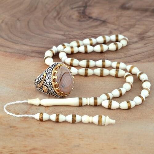 Camel Bone Rosary Tasbih with 925 Sterling Silver Vintage Mens Ring Set Jewelry