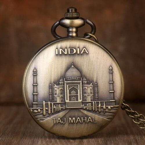 Vintage World Famous India Taj Mahal Design Quartz Fob Pocket Watch Precise Dial Castle Alloy Necklace Pocket Watches with chain