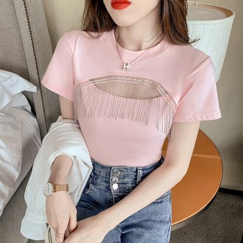 Gkfnmt Summer Short Tops Woman T-shirt Hollow Out Tassel Cotton Short Sleeve Tshirt Women Clothing Pink Tee Shirt Crop Top