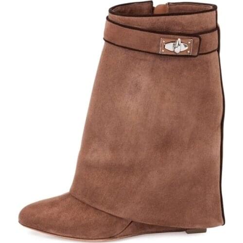 Women Fashion Mid-Calf Boots The Belt Buckle Motorcycle Boots Sexy Pointed Toe Wedge Hot Selling Boots 2018 Real Photos