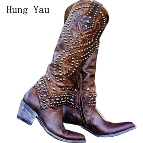 Women Boots Mid-Calf Autumn Winter Female Casual Shoes Rivet High Heels Fashion Pointed Toe Plus Size 36-43