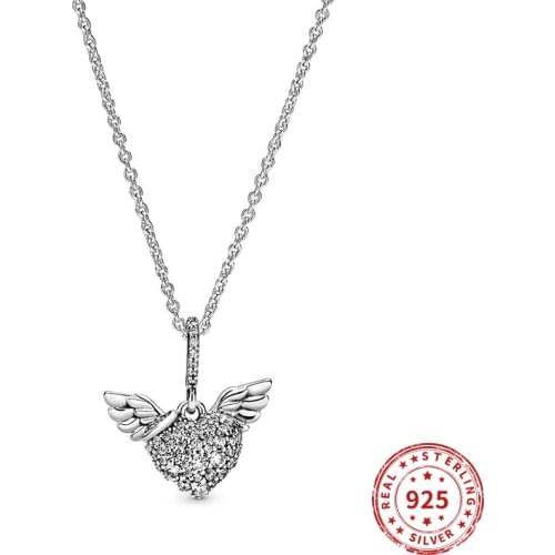Real 100% 925 Sterling Silver Pave Heart Angle Wings CZ Pendant Necklaces Of Pandola for Women Jewelry