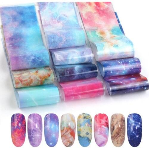 10Pcs/Bag 4x20cm Nail Foil Transfer Stickers Holographic Gradient Iridescent Marble Nail Decal Starry Sky Nail Transfer Sticker