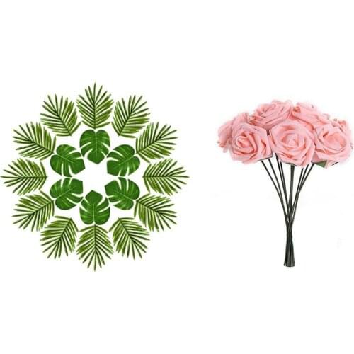 24 Pcs Artificial Simulation Tropical Monstera Plant Leaves & 10Pcs Artificial Flower Foam Rose Light Pink