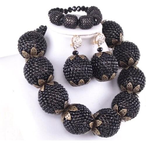 4UJewelry Fine Jewelry Sets For Women Black Beaded Balls Earring Bracelet and Necklace Set Traditional Nigerian Jewelry Fashion