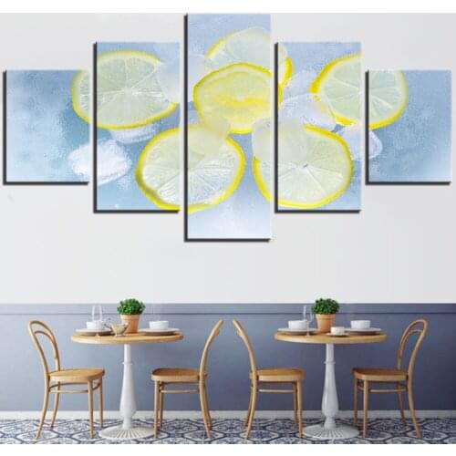 5 Pieces Lemons Canvas Posters Soda Cool Water Pictures Ice Cube Painting Fresh Summer Style Wallpapers Home Kitchen Decor
