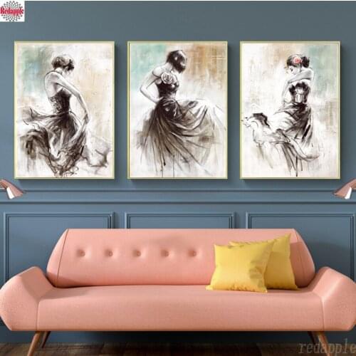 Watercolor triptych art 5d Diy Diamond Painting Cross Stitch dress dance girl Diamond Embroidery Mazayka 3D handmade decoration