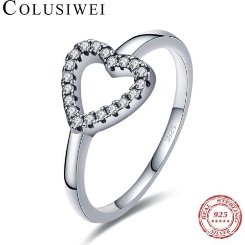 Colusiwei Fashion 925 Sterling Silver Romantic Retro Zircon Hollow Out Heart Shape Ring for Woman Female Party Delicate Jewelry