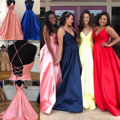 Long Prom Dresses 2019 A Line with Pockets Pink Blue Yellow Red Satin vestidos de festa Designer Lace Up Back vestidos de gala