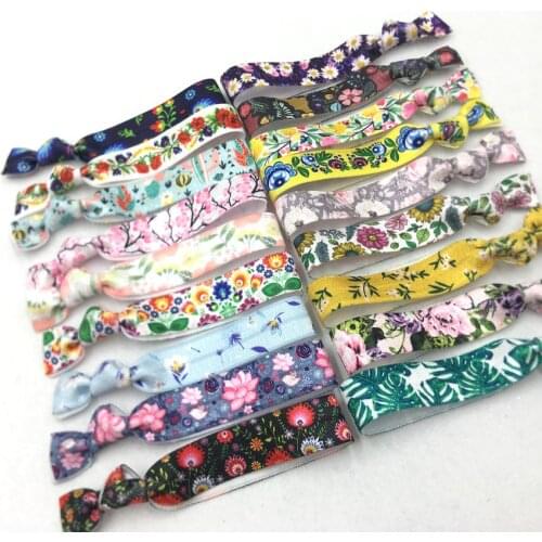 Flowers Webbing 40pcs/Lot 5/8" Daisy Poppies Lotus Print Fold Over Elastic Band Hair Tie FOE Ribbon Bracelet Ponytail Holder