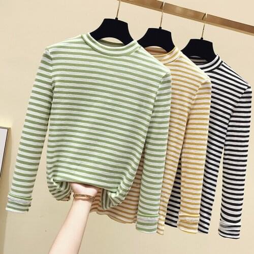 Gkfnmt Women T-shirt Striped Full Sleeve Stretch Tops Basic Drop Shoulder Undershirt Basic Perfect Knit O-Neck Pullover
