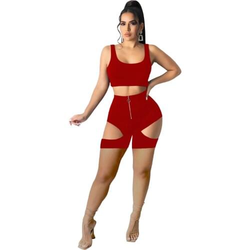 Summer Shorts Sets Women Casual Fitness Solid O Neck Crop Top + Hollow Out Biker Shorts Bodycon Two Piece Set Tracksuit Women