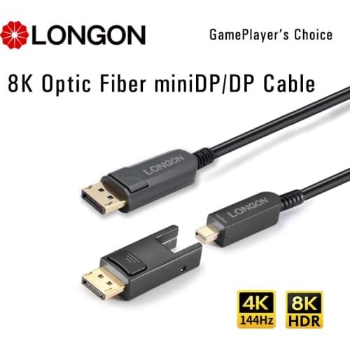 LONGON miniDP to DisplayPort1.4 Cable Optical Fiber DP 8K Cable For Macbook Surface Dell 4K 144Hz 240Hz Monitor 5m 10m 15m100m