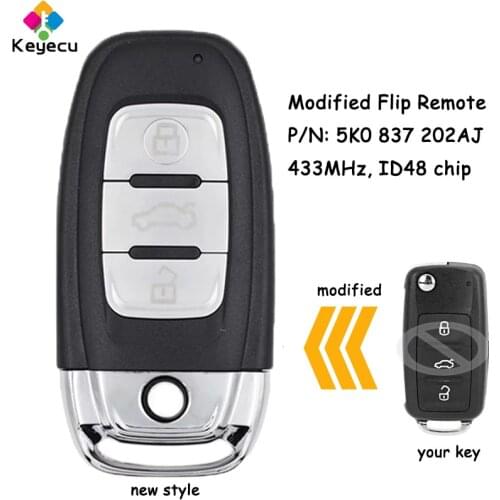 KEYECU Modified Smart Remote Key - 433MHz ID48 Chip - FOB for Volkswagen Tiguan Sharan Golf 6 EOS Up Camper Scirocco 5K0837202AJ