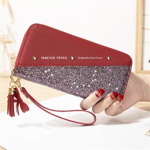 Fashion Women Sequin Patchwork Glitter Wallet Female Pu Leather Long Coin Purses Ladies Multifunction Wristband Clutch Phone Bag