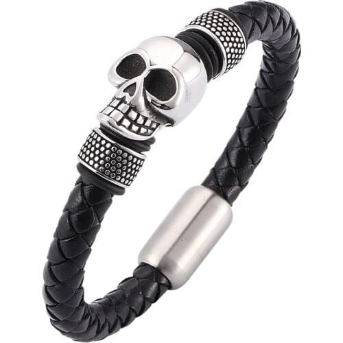 Punk Men Bracelet Skull Round Rope Stainless Steel Magnetic Clasps Bangle Fashion Male Jewelry Wristband Gift BB0057