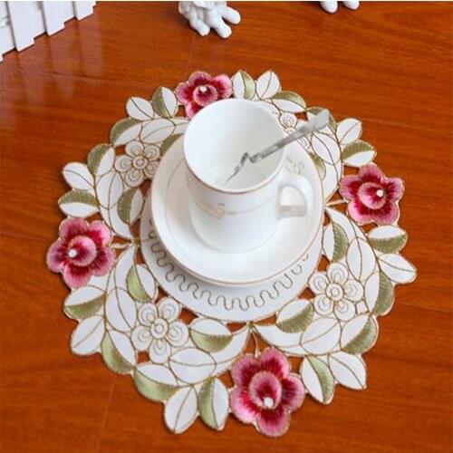 New round satin table place mat cloth lace embroidered pad cup mug tea coaster wedding dining drink placemat doily kitchen
