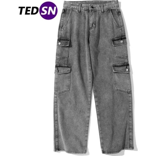 2021 Autumn Streetwear Harajuku Mens Trouser Multi-Button Pockets Hiphop Casual Street Pants Oversized Straight-Leg Retro Style