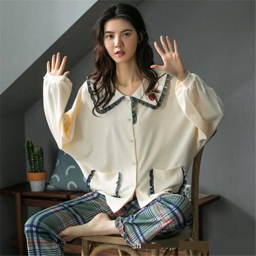 Two-piece pajamas spring and autumn cotton loose long-sleeved casual home wear plus size lapel sleepwear kimono пижама women