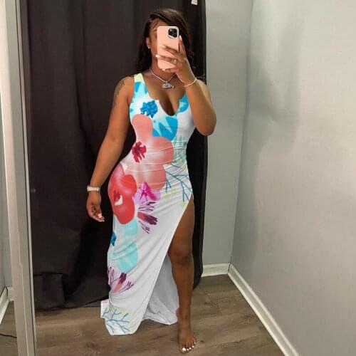 ZKYZWX Sexy Print Off Shoulder Maxi Dress Sleeveless Night Club Outfits for Women Fall Vacation Clothing High Split Long Dresses