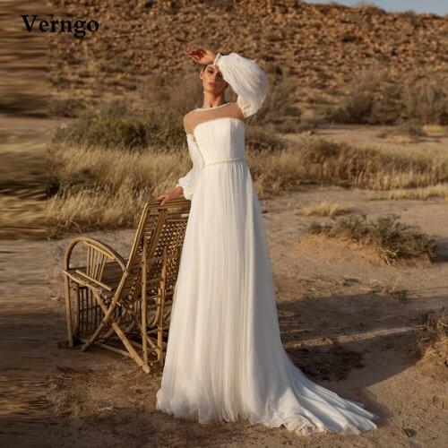 Verngo 2021 New Design A Line Tulle Wedding Dress Puff Long Sleeve Illusion O-Neck Pearls Sash Korea Bridal Gowns For Photoshoot