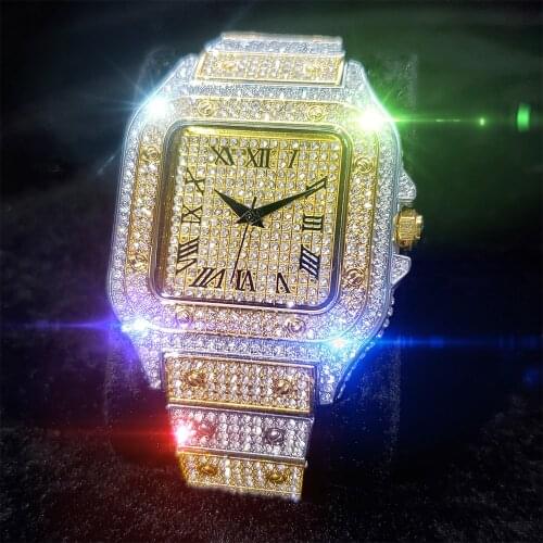 Missfox Luxury Classic Watch Man Silver And Gold Square Business Fashion Quartz Watches Men Hiphop Blingbling Male Wristwatch