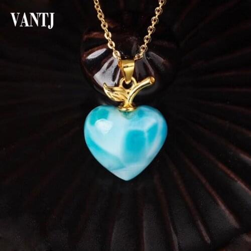 VANTJ Elegant Natural Blue Larimar 14k 585 Gold Pendant Fine Jewelry Necklace for Women Lady Party Wedding Gift whit Box