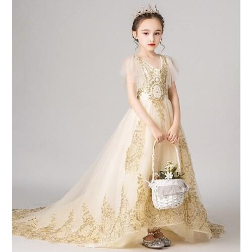 Golden Tulle First Communion Dresses Trailing V-Neck Golden Lace Sequin Tulle Evening Clothes Flower Girl Dresses For Weddings