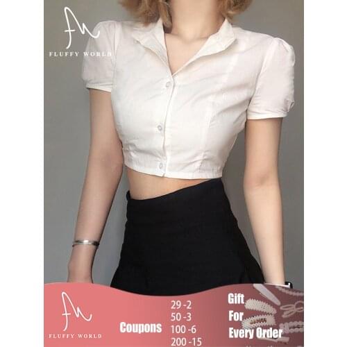 Summer Women White Shirt Fashion Puff Short Sleeve Semi Stand-up Collar Short Blouse Elegant Simple Crop Tops with Skirt Suit