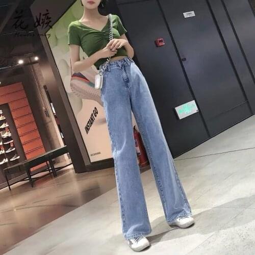 Woman Jeans High Waist Adjustable Size Wide Leg Denim Clothing Blue Streetwear Vintage Quality Fashion Harajuku Straight Pants