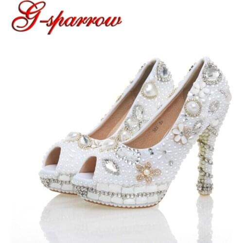 2018 Women Platform High Heels Bridal Wedding Shoes Ivory White Pearl Rhinestones Peep toe Bride Bridesmaids Prom Pumps Size 43