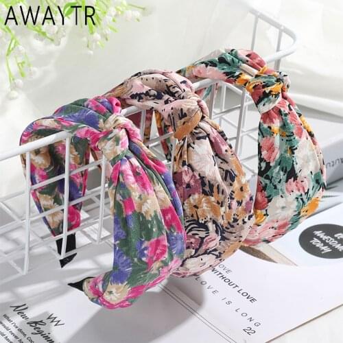 AWAYTR Flower Print Folds Headband Bezel Turban Elastic Scrunchies for Women Bow Hairband Girls Hair Accessories Jewelry Bands