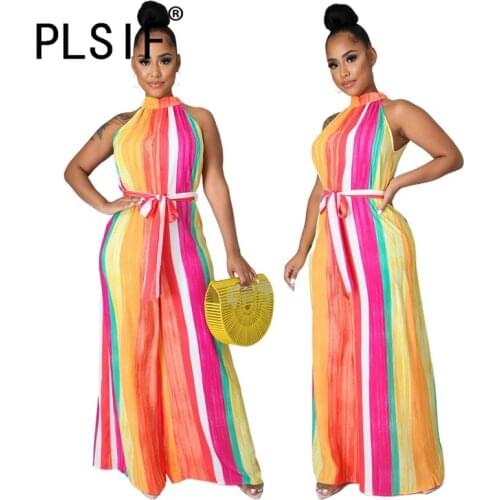 Women Fashion Striped Print Jumpsuit Summer Beach Full Length Overalls For Women Body Mujer