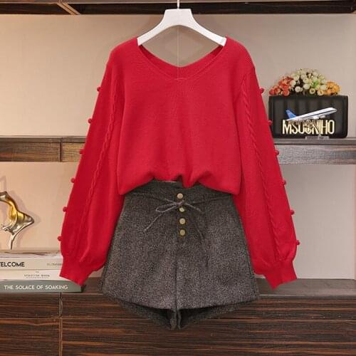 Korean fashion big size 4XL sweater set 2021 autumn winter new womens casual loose V-neck top shorts two-piece sets trend s348