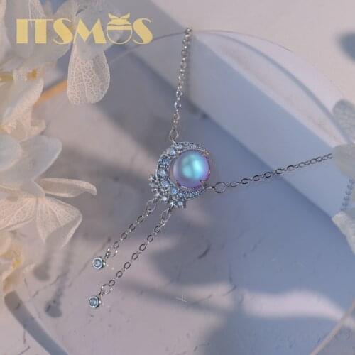 ITSMOS Moon Star Moonlight Zircon Necklace s925 Sterling Silver Female Fashion Tassel Clavicle Chain Pendant Jewelry for Women