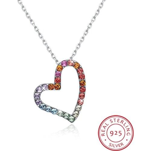 LEKANI Crystals Hollow Heart Pendant Necklace For Women Chic S925 Silver Colorful Collares Valentines Day Gift
