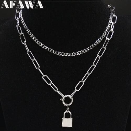 2021 Fashion Punk Lock Stainless Steel Necklace for Women Silver Color Layered Necklace Jewelry colgantes mujer moda N19171