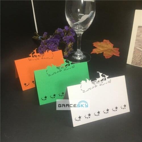 50pcs /lot laser cutting sleigh Design Christmas Invitation Table Name Holder Cards Place Seat Cards Christmas Table Decoration